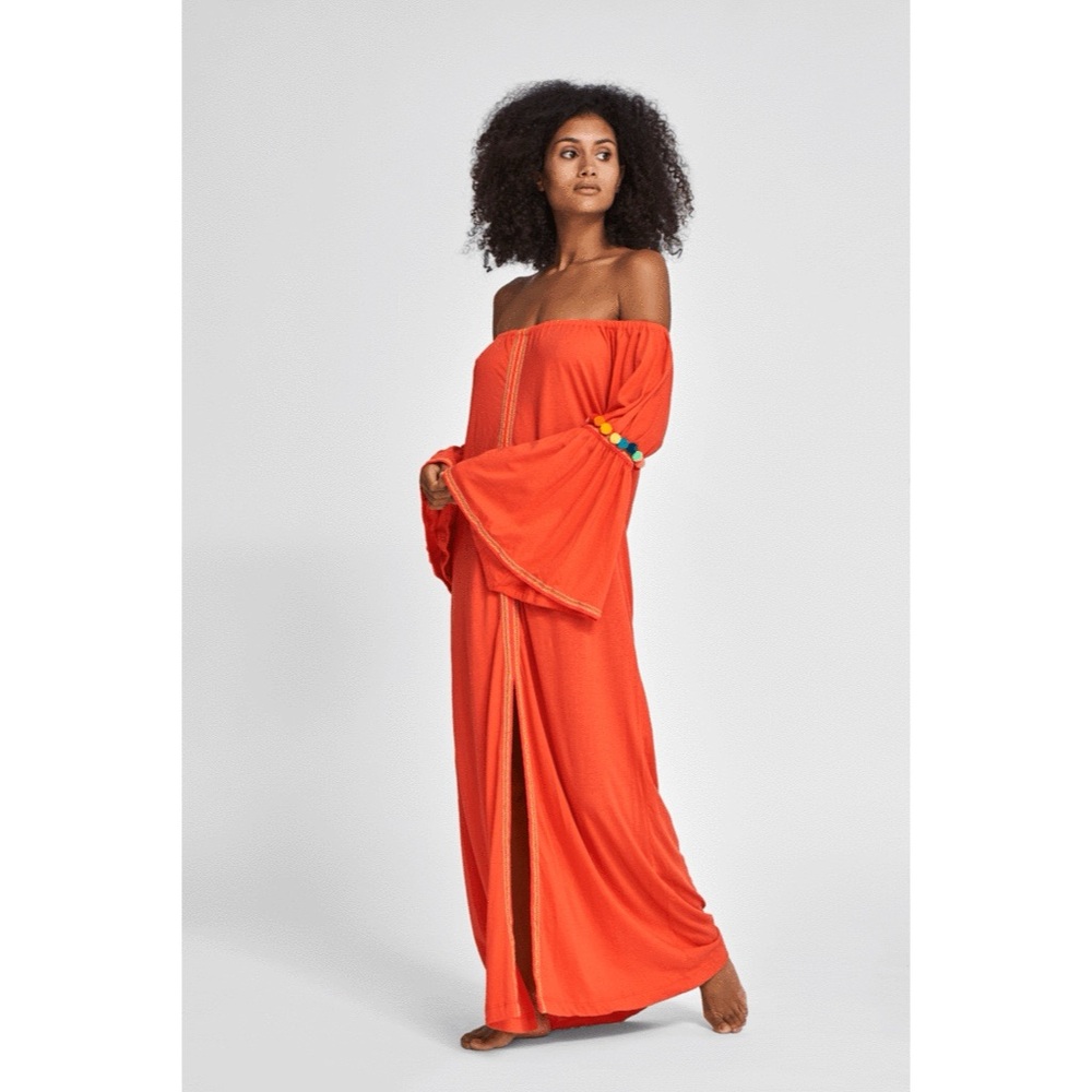 PITUSA Off The Shoulder Gypsy Maxi Dress In Orange One Size Pom Poms Boho Knit